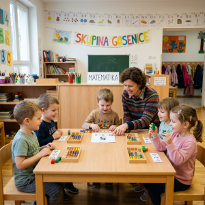 Young children with teacher using abacuses and cubes for math learning