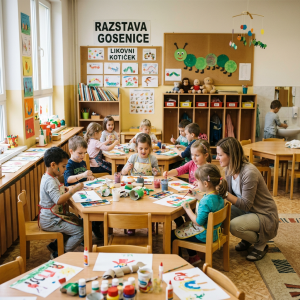 Preschool children sitting around tables painting with watercolors guided by a teacher